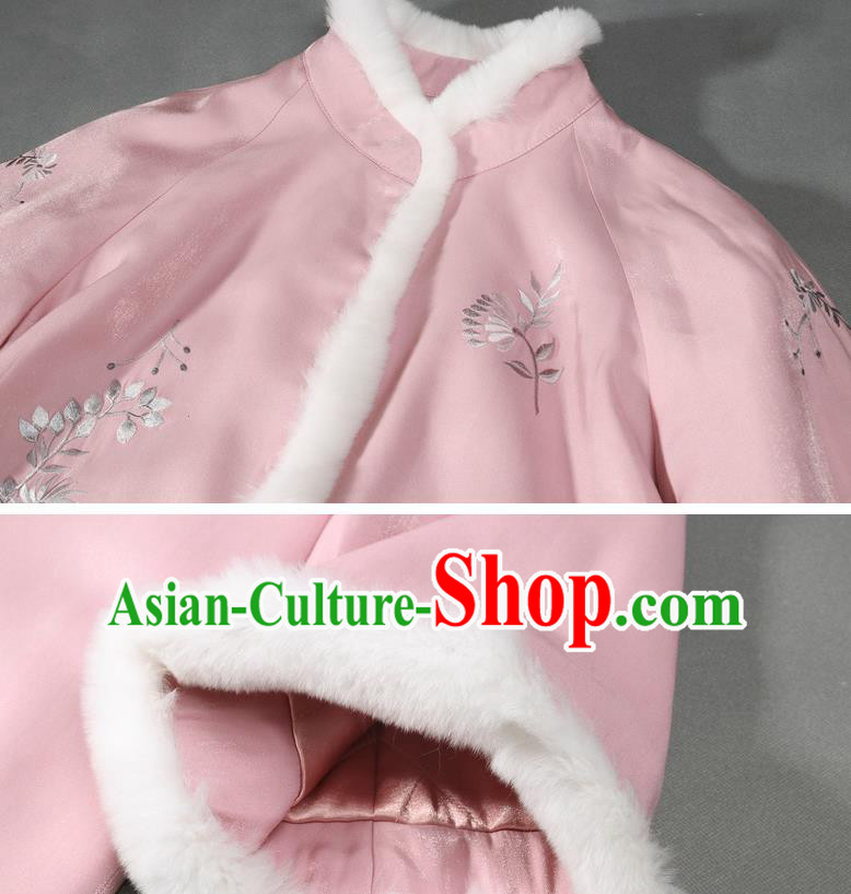 China Winter Pink Cheongsam Costume Traditional Young Lady Embroidered Cotton Wadded Qipao Dress