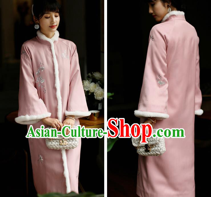 China Winter Pink Cheongsam Costume Traditional Young Lady Embroidered Cotton Wadded Qipao Dress