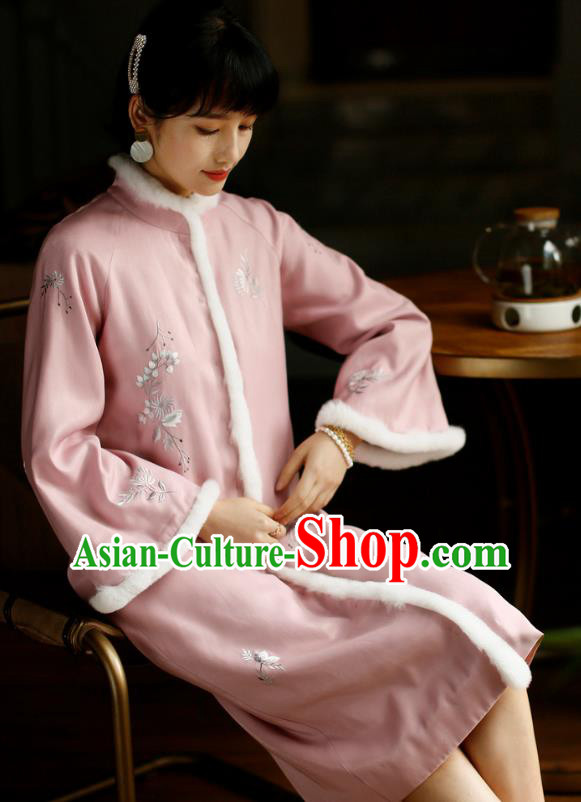 China Winter Pink Cheongsam Costume Traditional Young Lady Embroidered Cotton Wadded Qipao Dress