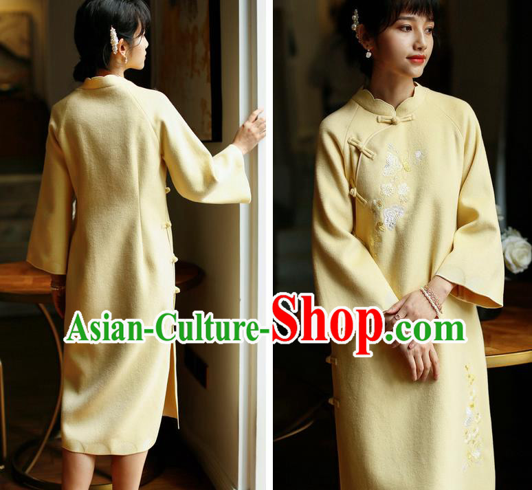 China Winter Yellow Woolen Cheongsam Costume Traditional Young Lady Embroidered Qipao Dress