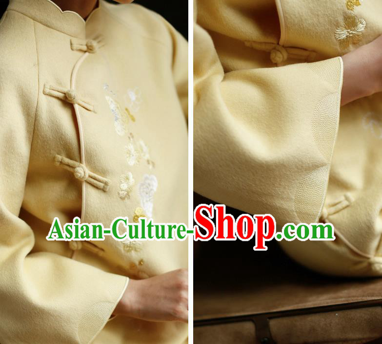 China Winter Yellow Woolen Cheongsam Costume Traditional Young Lady Embroidered Qipao Dress