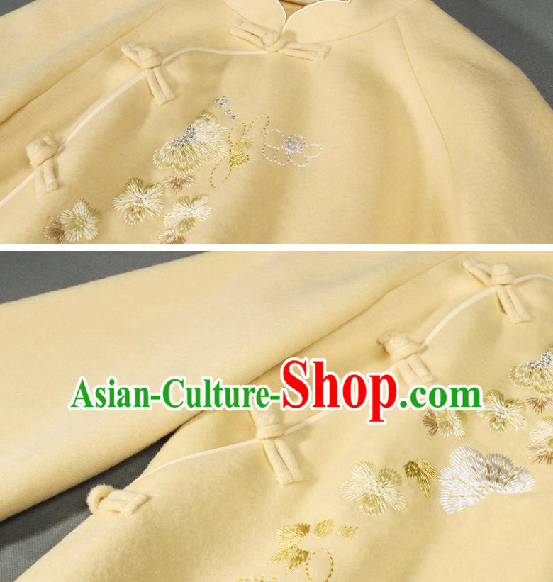 China Winter Yellow Woolen Cheongsam Costume Traditional Young Lady Embroidered Qipao Dress