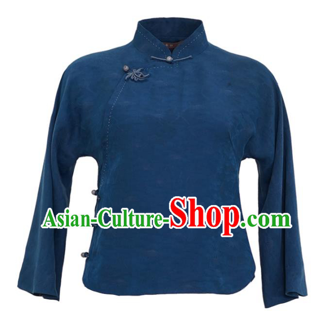 China National Blue Silk Shirt Traditional Jacquard Watered Gauze Blouse Top Garment