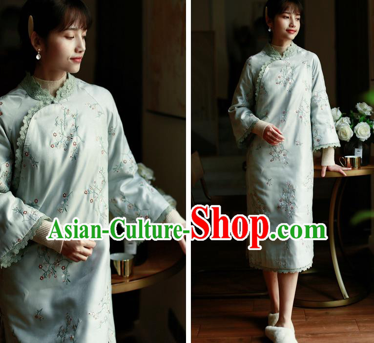 China Winter Cotton Wadded Cheongsam Costume Traditional Young Lady Embroidered Green Qipao Dress