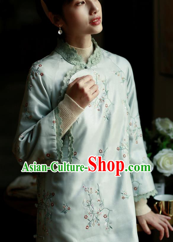 China Winter Cotton Wadded Cheongsam Costume Traditional Young Lady Embroidered Green Qipao Dress