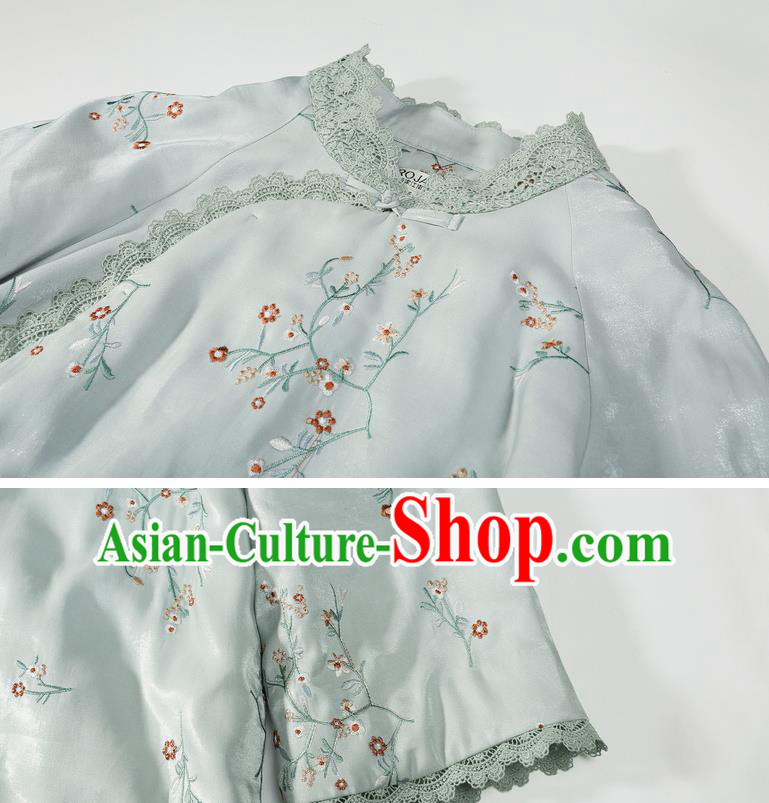 China Winter Cotton Wadded Cheongsam Costume Traditional Young Lady Embroidered Green Qipao Dress