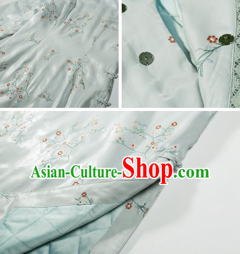 China Winter Cotton Wadded Cheongsam Costume Traditional Young Lady Embroidered Green Qipao Dress