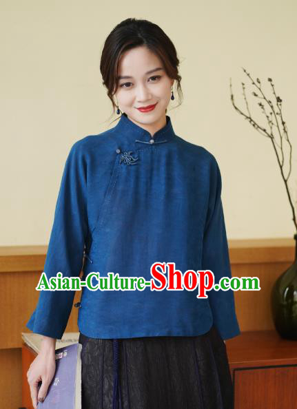 China National Blue Silk Shirt Traditional Jacquard Watered Gauze Blouse Top Garment