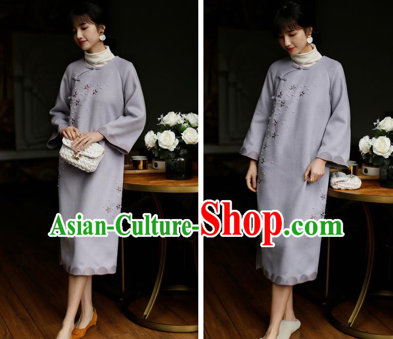China Winter Purple Woolen Cheongsam Costume Traditional Young Lady Embroidered Qipao Dress