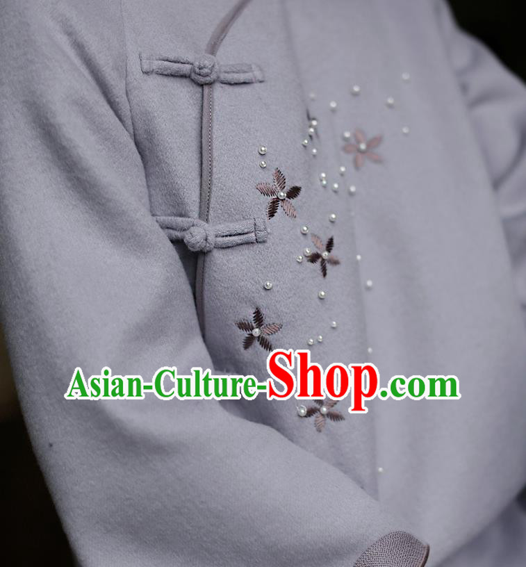 China Winter Purple Woolen Cheongsam Costume Traditional Young Lady Embroidered Qipao Dress