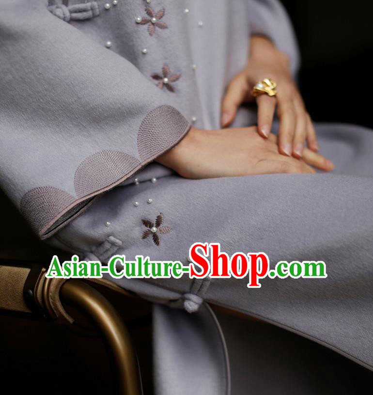 China Winter Purple Woolen Cheongsam Costume Traditional Young Lady Embroidered Qipao Dress