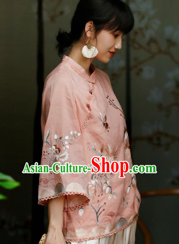 Chinese Classical Cheongsam Upper Outer Garment Traditional Tang Suit Embroidered Pink Flax Shirt
