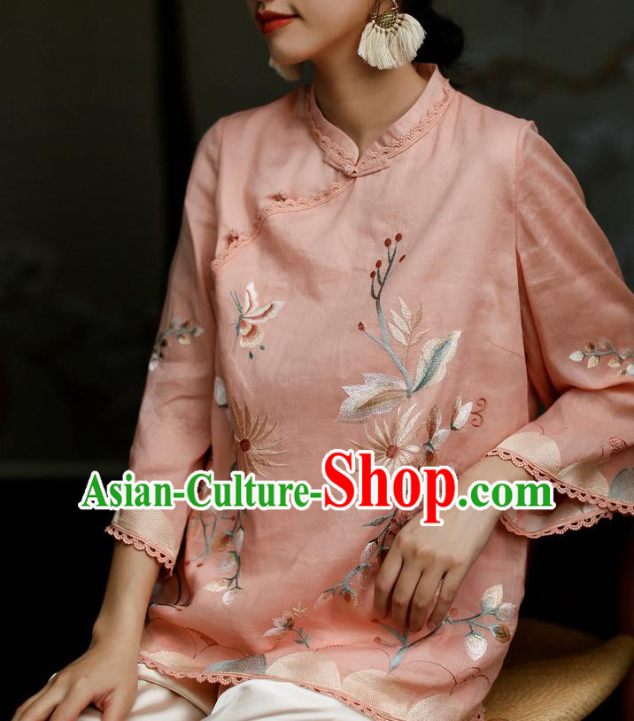 Chinese Classical Cheongsam Upper Outer Garment Traditional Tang Suit Embroidered Pink Flax Shirt