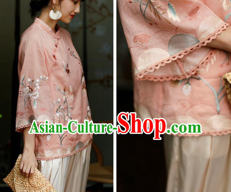 Chinese Classical Cheongsam Upper Outer Garment Traditional Tang Suit Embroidered Pink Flax Shirt