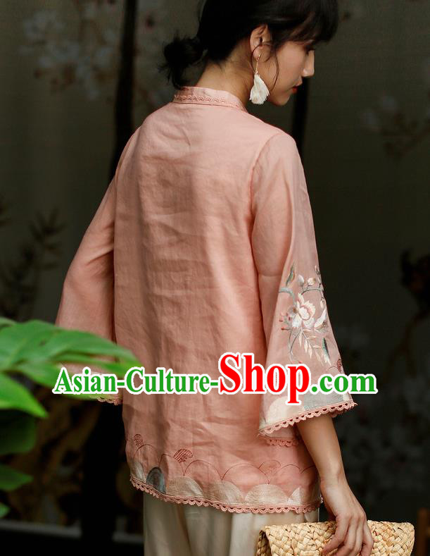 Chinese Classical Cheongsam Upper Outer Garment Traditional Tang Suit Embroidered Pink Flax Shirt