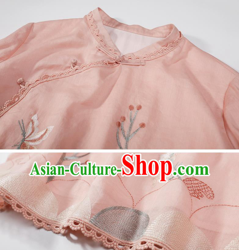 Chinese Classical Cheongsam Upper Outer Garment Traditional Tang Suit Embroidered Pink Flax Shirt