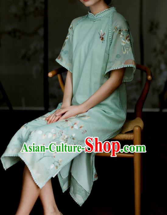 China Classical Embroidered Green Cheongsam Costume Traditional Young Lady Qipao Dress