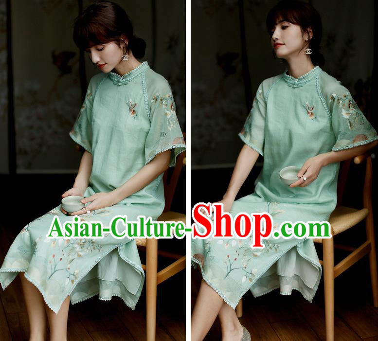 China Classical Embroidered Green Cheongsam Costume Traditional Young Lady Qipao Dress