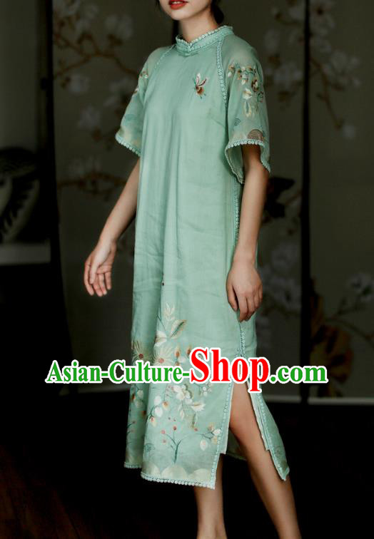 China Classical Embroidered Green Cheongsam Costume Traditional Young Lady Qipao Dress