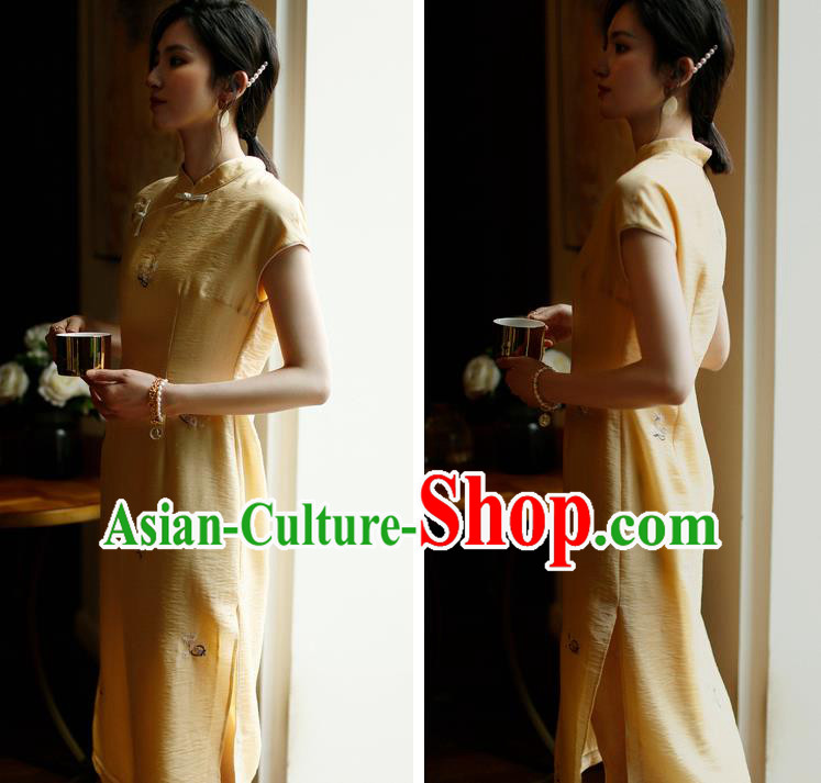 China Classical Young Lady Cheongsam Costume Traditional Embroidered Yellow Organdy Qipao Dress