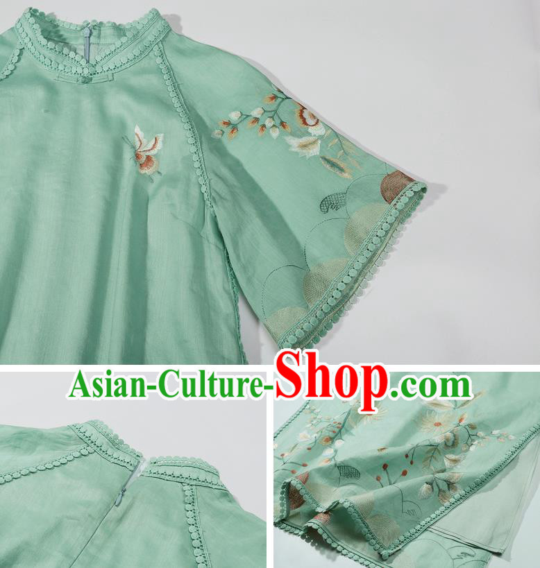 China Classical Embroidered Green Cheongsam Costume Traditional Young Lady Qipao Dress