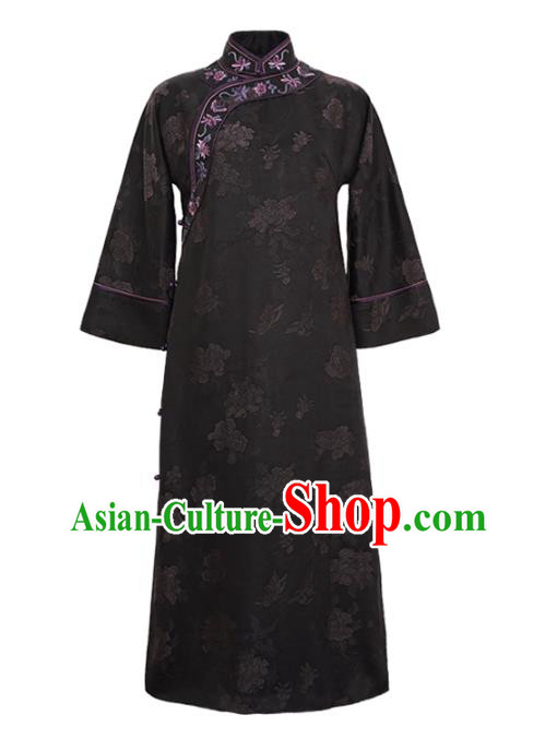 Republic of China Classical Embroidered Black Silk Qipao Dress Traditional Stand Collar Cheongsam Clothing