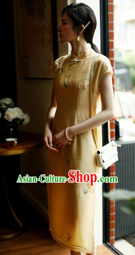 China Classical Young Lady Cheongsam Costume Traditional Embroidered Yellow Organdy Qipao Dress