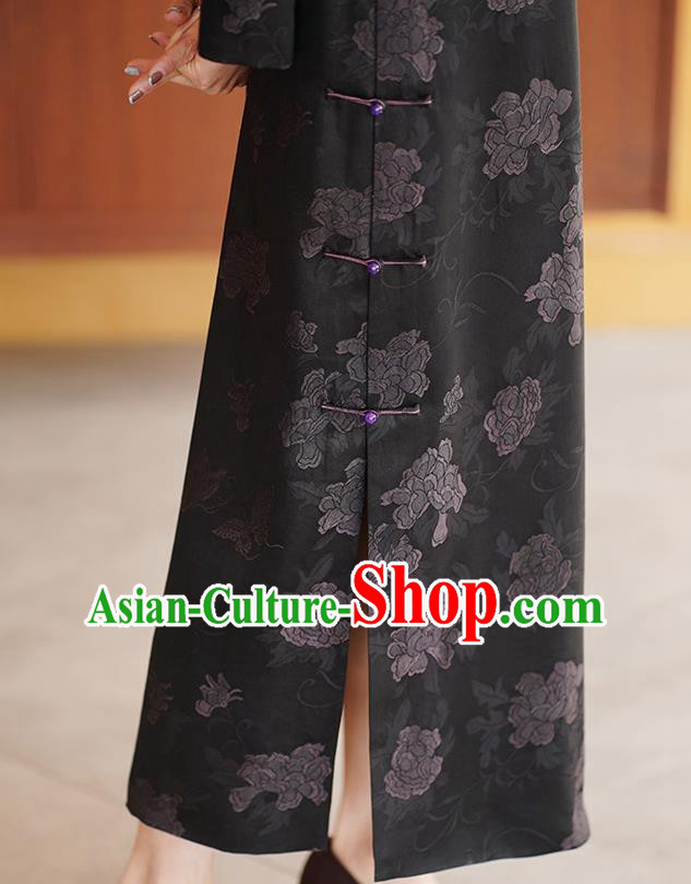 Republic of China Classical Embroidered Black Silk Qipao Dress Traditional Stand Collar Cheongsam Clothing