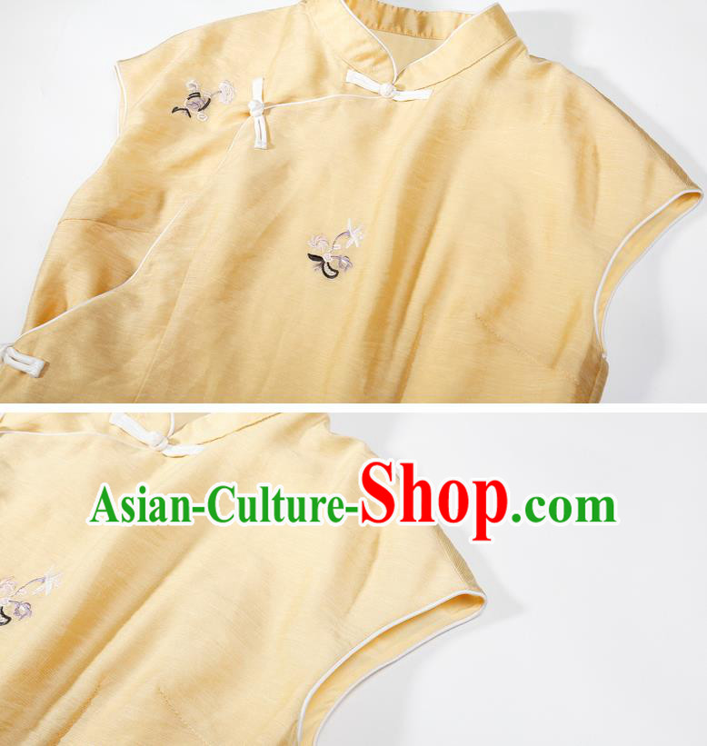 China Classical Young Lady Cheongsam Costume Traditional Embroidered Yellow Organdy Qipao Dress