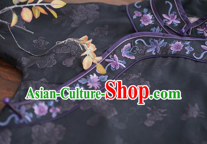 Republic of China Classical Embroidered Black Silk Qipao Dress Traditional Stand Collar Cheongsam Clothing