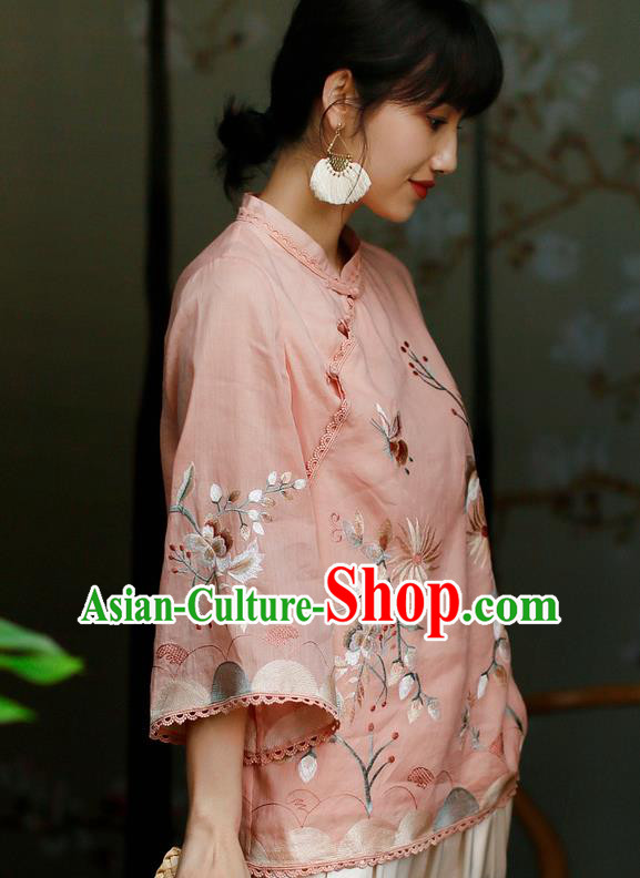 Chinese Traditional Tang Suit Embroidered Pink Flax Shirt Classical Cheongsam Upper Outer Garment