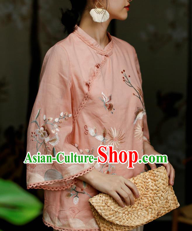 Chinese Traditional Tang Suit Embroidered Pink Flax Shirt Classical Cheongsam Upper Outer Garment