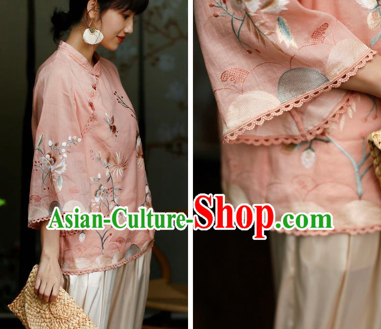 Chinese Traditional Tang Suit Embroidered Pink Flax Shirt Classical Cheongsam Upper Outer Garment