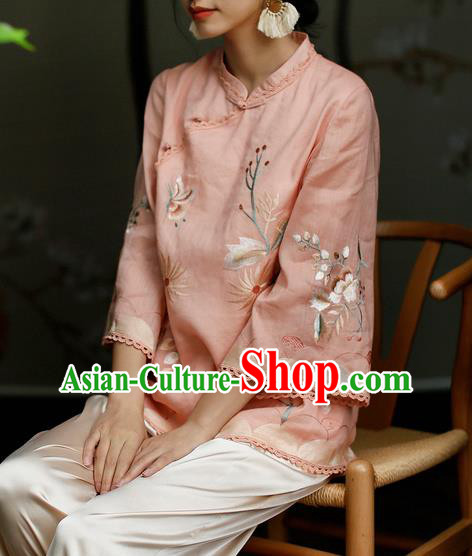 Chinese Traditional Tang Suit Embroidered Pink Flax Shirt Classical Cheongsam Upper Outer Garment