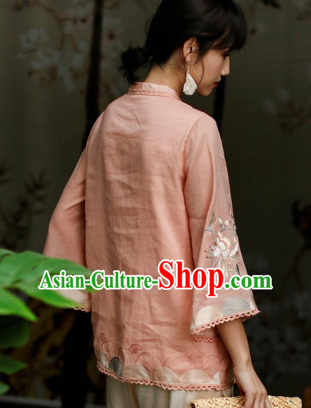 Chinese Traditional Tang Suit Embroidered Pink Flax Shirt Classical Cheongsam Upper Outer Garment