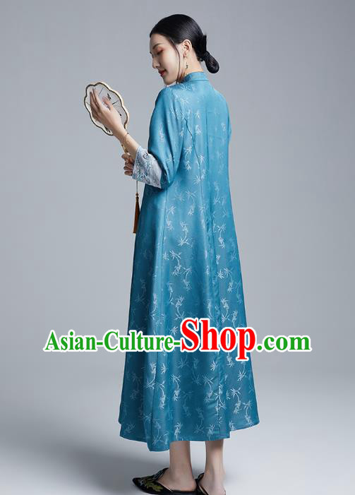 China Classical Embroidered Silk Cheongsam Costume Traditional Young Lady Blue Brocade Qipao Dress