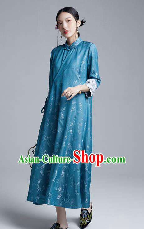 China Classical Embroidered Silk Cheongsam Costume Traditional Young Lady Blue Brocade Qipao Dress