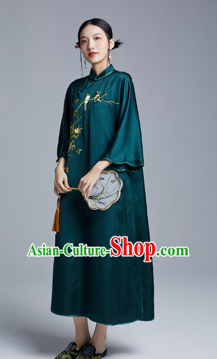China Classical Embroidered Flowers Bird Cheongsam Costume Traditional Young Lady Atrovirens Silk Qipao Dress