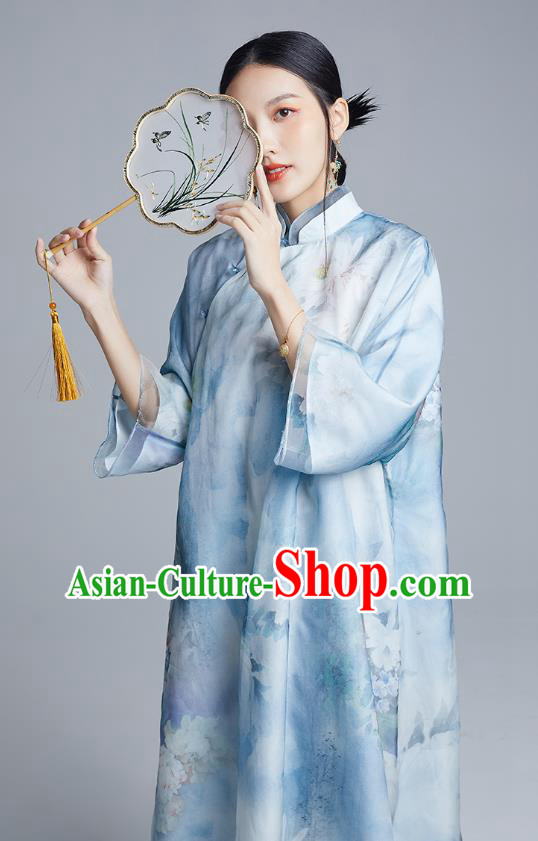 China Classical Loose Cheongsam Costume Traditional Young Lady Printing Peony Blue Organdy Qipao Dress