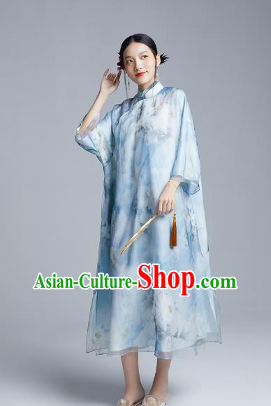 China Classical Loose Cheongsam Costume Traditional Young Lady Printing Peony Blue Organdy Qipao Dress