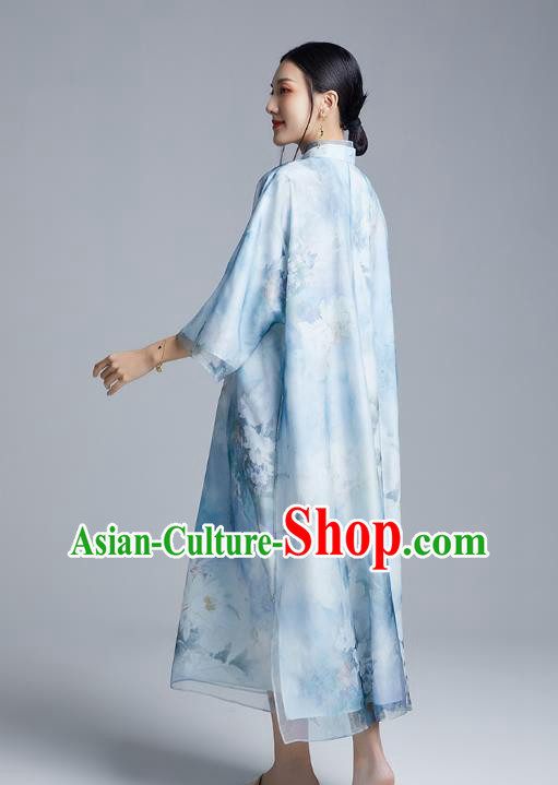 China Classical Loose Cheongsam Costume Traditional Young Lady Printing Peony Blue Organdy Qipao Dress