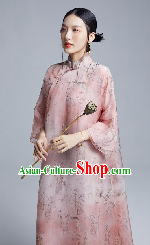 China Classical Printing Pink Organdy Cheongsam Costume Traditional Young Lady Loose Qipao Dress