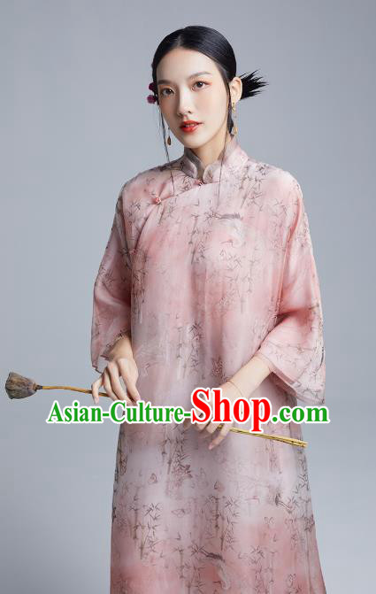 China Classical Printing Pink Organdy Cheongsam Costume Traditional Young Lady Loose Qipao Dress