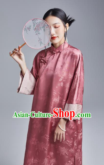 China Classical Deep Pink Silk Cheongsam Costume Traditional Young Lady Loose Brocade Qipao Dress