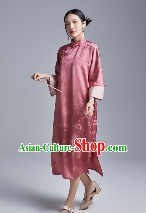 China Classical Deep Pink Silk Cheongsam Costume Traditional Young Lady Loose Brocade Qipao Dress