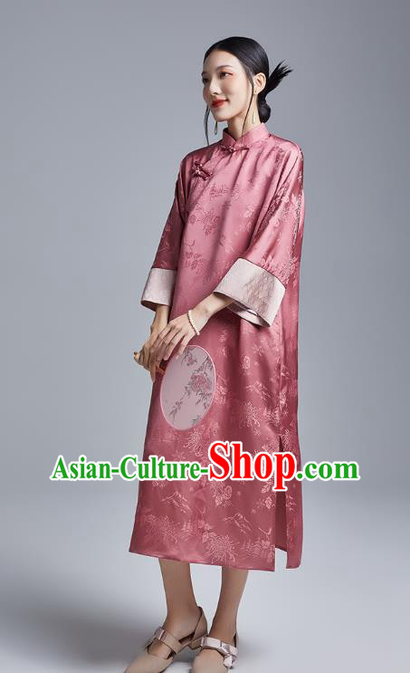 China Classical Deep Pink Silk Cheongsam Costume Traditional Young Lady Loose Brocade Qipao Dress