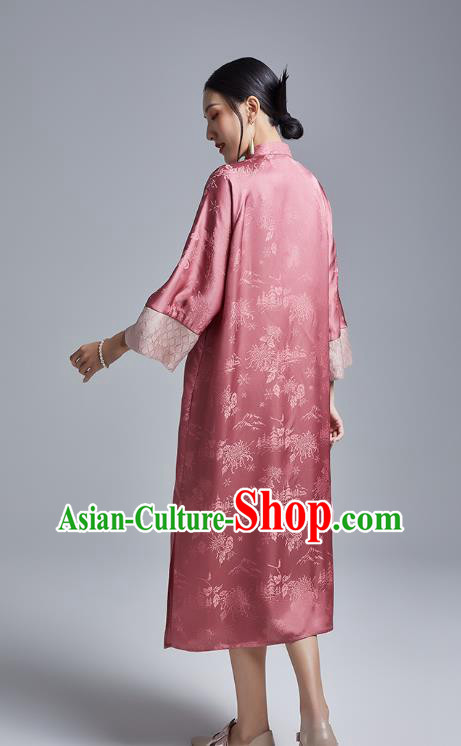 China Classical Deep Pink Silk Cheongsam Costume Traditional Young Lady Loose Brocade Qipao Dress