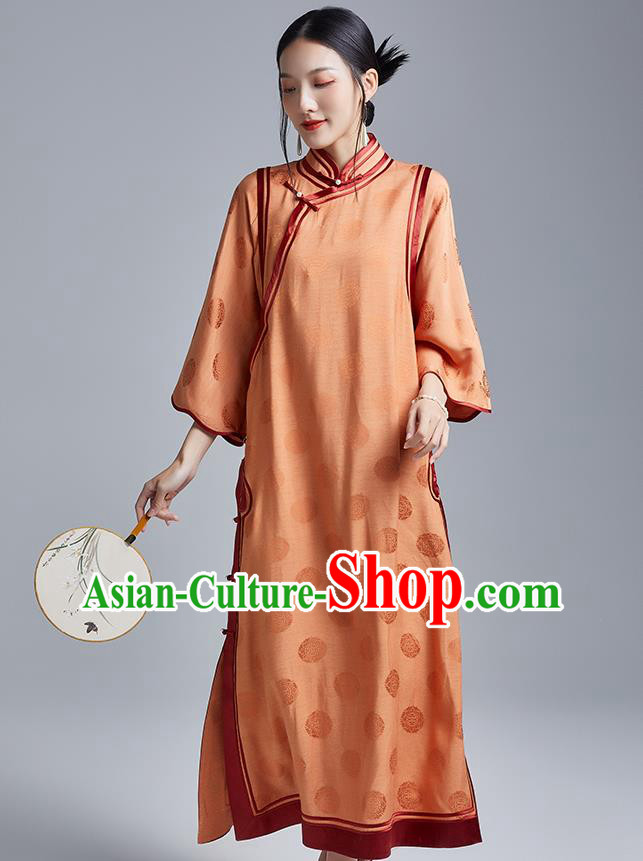 China Classical Wide Sleeve Cheongsam Costume Traditional Young Lady Orange Silk Loose Qipao Dress