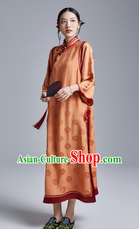 China Classical Wide Sleeve Cheongsam Costume Traditional Young Lady Orange Silk Loose Qipao Dress