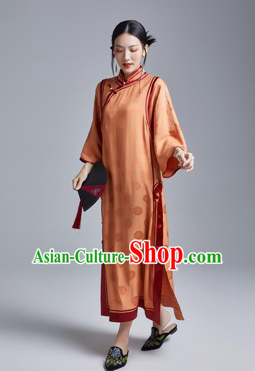 China Classical Wide Sleeve Cheongsam Costume Traditional Young Lady Orange Silk Loose Qipao Dress